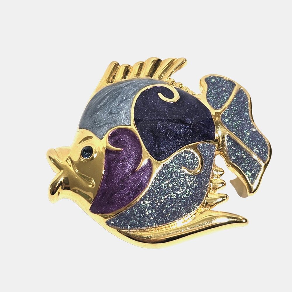 Perfect Cruise PS CO. 1999 Angel Fish Pin Amethyst Purple Enamel Blue Glitter